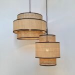 round hard back 2 tiers pendant lamp shades made by hard back fabrics and rattan material from China